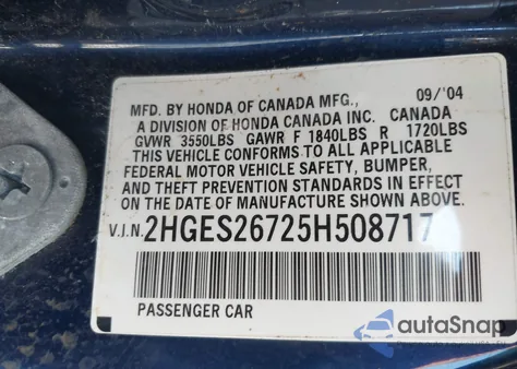 2005 Honda Civic Ex z USA, uszkodzony, nr VIN 2HGES26725H508717